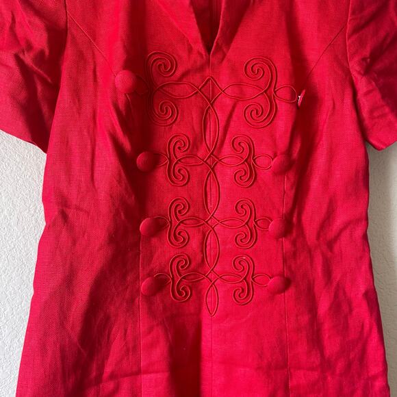 Vintage 80s linen red mini dress‎ embroidered details and layered hem 4 - Picture 5 of 9
